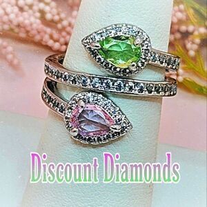 Pink & Green Pear Cut Diamonds & Baguette Diamond Cocktail Ring on 925 Silver